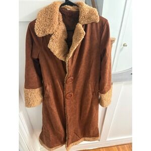 Womens Brown Faux Suede Shearling Trim Longline Coat Jacket XL Boho Western